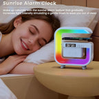 Smart LED Table Lamp, Wireless Charger with 10W Fast Charging and Sunrise Alarm Clock, Bluetooth Speaker Lamp for Bedroom, Office, and Living Room Ambiance