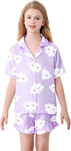 Umeyda Girls & Women Satin Pajamas Set Button Down 2 Piece Silk Pjs Shorts Set Ruffle Sleepwear, 5 Years-Women L