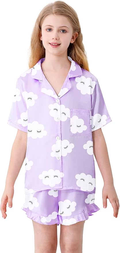 Umeyda Girls & Women Satin Pajamas Set Button Down 2 Piece Silk Pjs Shorts Set Ruffle Sleepwear, 5 Years-Women L