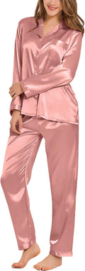 SWOMOG Long Sleeve Pajamas Set Silk Satin Sleepwear Button Down Pjs Loungewear with Pocket