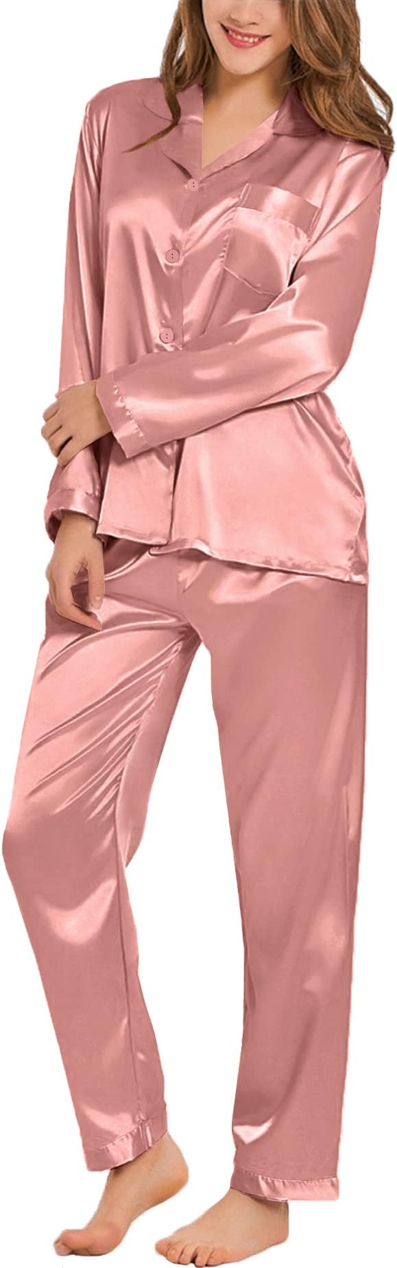 SWOMOG Long Sleeve Pajamas Set Silk Satin Sleepwear Button Down Pjs Loungewear with Pocket