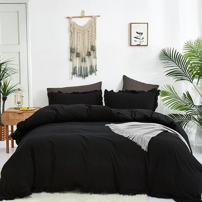 CLOTHKNOW Black Ruffle Comforter Set Full Size Bedding Comforter Sets Soft Farmhouse Shabby Chic Comforters with 2 x Pillow Cases