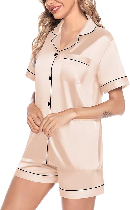 SWOMOG Satin Matching Pajamas Sets Couple Silk Button Down Nightwear Women & Men Short Sleeve Sleepwear 2 Pieces Loungewear