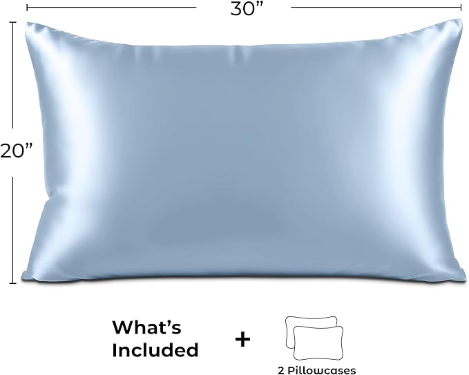 Pure Bedding Satin Pillowcase 2 Pack - Queen Size (20"x30", Baby Blue) - Silky Pillow Cases for Hair and Skin - Satin Pillow Covers with Envelope Closure - Extra Soft Premium Microfiber