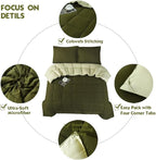 HIG 3pc Olive Green King Size Comforter Set - All Season Reversible Down Alternative Comforter with Two Shams - Quilted Duvet Insert with Corner Tabs - Box Stitched - Breathable, Soft, Fluffy