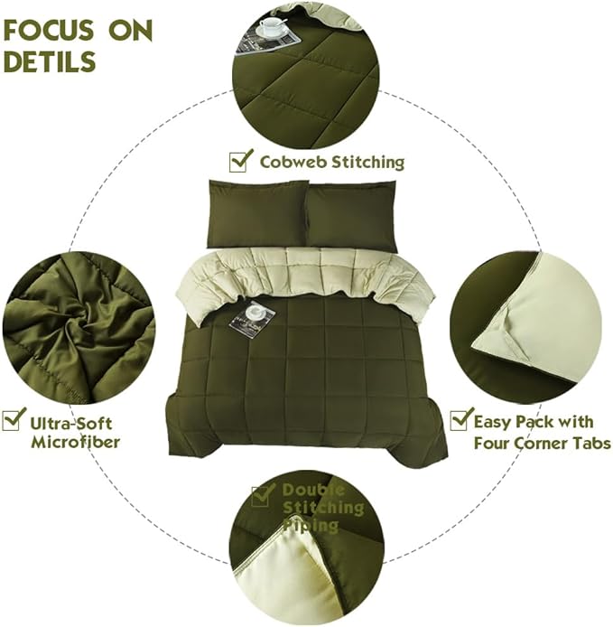 HIG 3pc Olive Green King Size Comforter Set - All Season Reversible Down Alternative Comforter with Two Shams - Quilted Duvet Insert with Corner Tabs - Box Stitched - Breathable, Soft, Fluffy