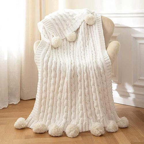 ATMOSURELY Ultra Soft Beige Chenille Cable Knit Throw Blanket with Handmade Pom Poms Cozy Fluffy Knitted Blanket Lightweight Warm Woven Farmhouse Blanket for Bed Sofa Couch 50x60 Inches (Beige)