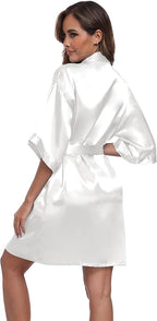 Women's Short Satin Robes Silky Bathrobe Bridesmaid Sleepwear for Wedding Party Getting Ready Solid Color