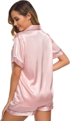 SWOMOG Womens Silk Satin Pajamas Set Short Sleeve Sleepwear Button Down Top and Shorts Loungewear 2 Piece Pjs Set XS-3XL