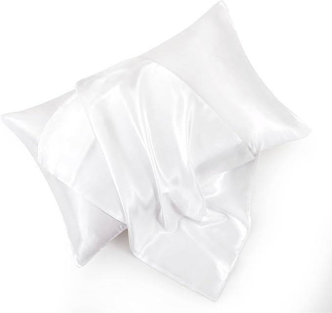 White Satin Pillowcase Standard Set of 2 with Envelope Closure，White Silk Pillowcase for Hair and Skin (20x26)