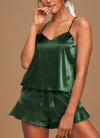 Aamikast Womens Silk Satin Pajama Sets Sexy Cami Ruffled Shorts Sets 2 Piece Pjs Sleepwear