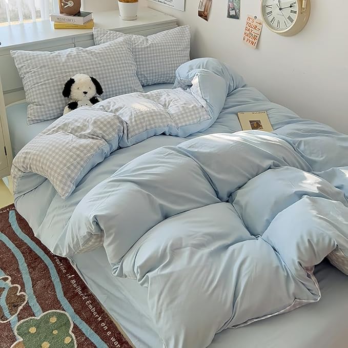 Nayoroom Gingham Duvet Cover Queen Size Reversible Blue Plaid Checkered Duvet Cover 3 Pieces Soft Breathable Washed Microfiber Girls Dorm Bedding Set for All Seasons
