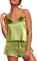 Aamikast Womens Silk Satin Pajama Sets Sexy Cami Ruffled Shorts Sets 2 Piece Pjs Sleepwear