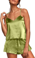 Aamikast Womens Silk Satin Pajama Sets Sexy Cami Ruffled Shorts Sets 2 Piece Pjs Sleepwear