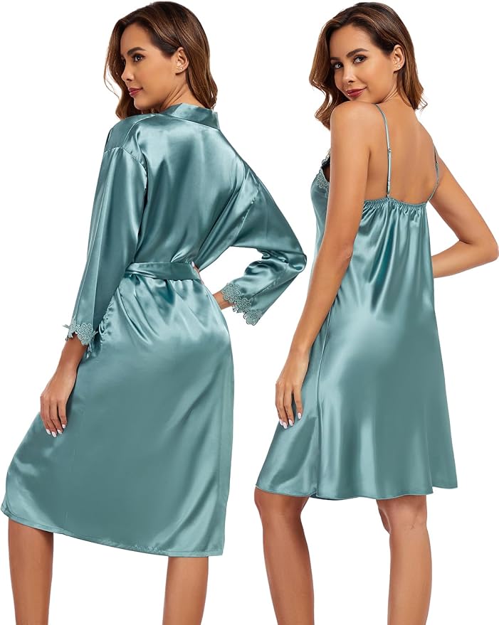 BestWendding Women's Silk Robe Set 2 Pieces Pajamas Sets Sexy Soft Satin Robe with V Neck Camisole Lingerie Nightgown