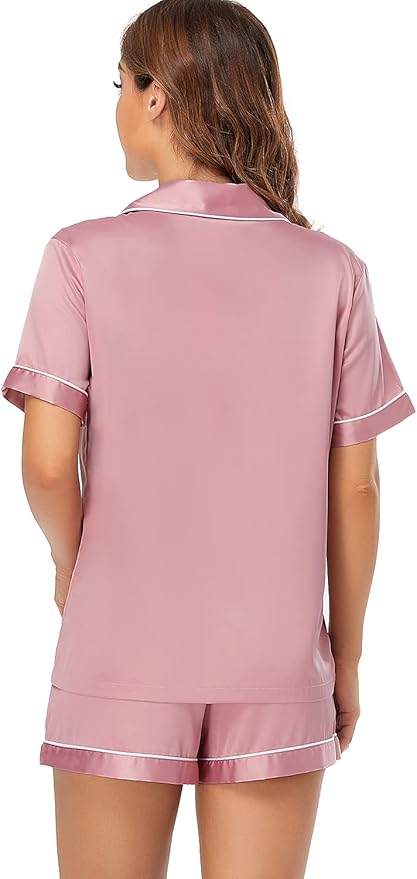 Serenedelicacy Women's Satin Pajama Set 2-Piece Sleepwear Loungewear Button Down Short Sleeve Silky PJ Set
