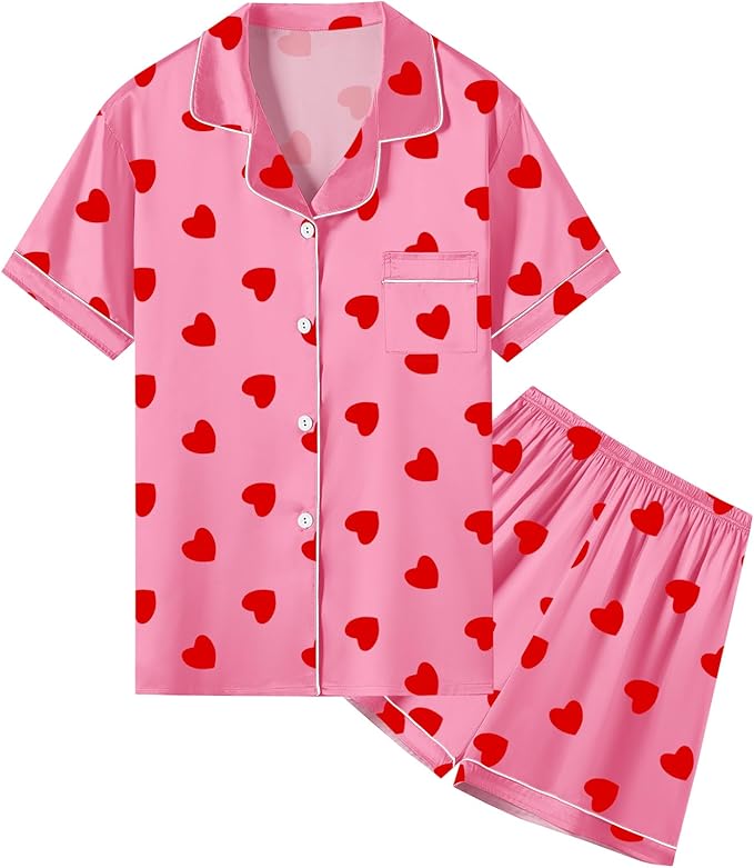 Umeyda Women & Girls Pajamas Set, Soft Satin Lightweight Silk Button-Down Top with Shorts 2 Piece PJS for Mom Boys Kids Gifts