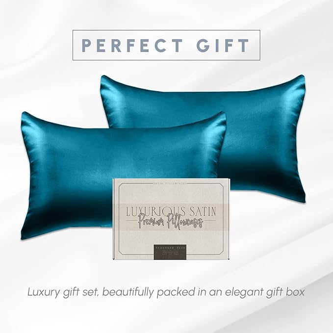 Elegant Comfort 2-Pack Cooling Viscose Satin Pillowcase Set with Hidden Zipper Closure, Silky Smooth for Best Hair and Skin Care-Beautiful Gift Box-2-Piece Satin Pillowcase Set, King, Turquoise