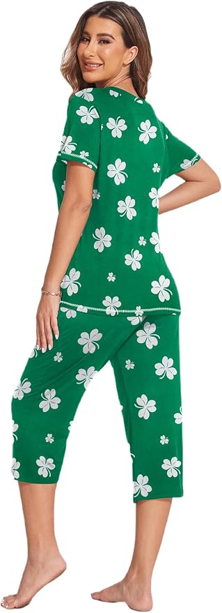 Ekouaer Women's Sleepwear Capri Pajama Sets Short Sleeve Two-Piece Pjs V Neck Tops & Capri Pants with Pockets S-3XL