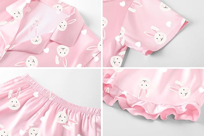 Umeyda Girls & Women Satin Pajamas Set Button Down 2 Piece Silk Pjs Shorts Set Ruffle Sleepwear, 5 Years-Women L