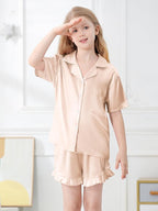 Umeyda Girls & Women Satin Pajamas Set Button Down 2 Piece Silk Pjs Shorts Set Ruffle Sleepwear, 5 Years-Women L