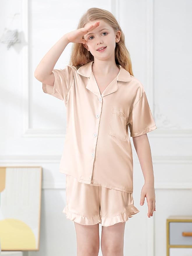 Umeyda Girls & Women Satin Pajamas Set Button Down 2 Piece Silk Pjs Shorts Set Ruffle Sleepwear, 5 Years-Women L
