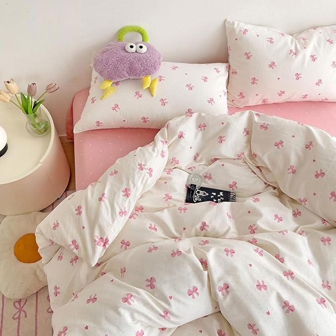 Nayoroom Pink Bow Duvet Cover Full Size Heart Bows Printed Coquette Bedding Set 3 Pcs Kids Girls Cute Comforter Cover with Zipper Closure Soft Breathable Microfiber