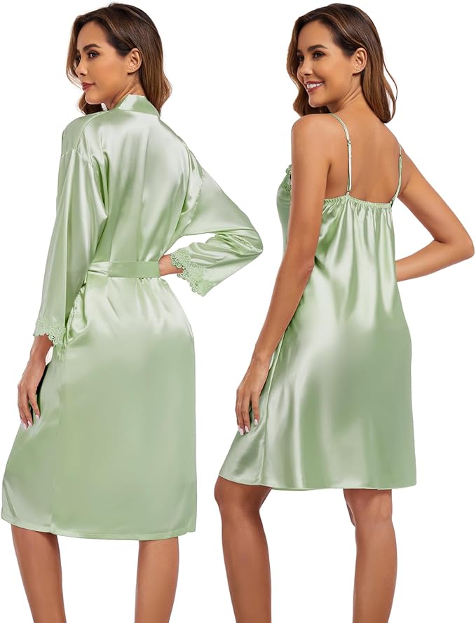 BestWendding Women's Silk Robe Set 2 Pieces Pajamas Sets Sexy Soft Satin Robe with V Neck Camisole Lingerie Nightgown