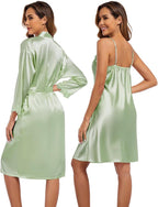 BestWendding Women's Silk Robe Set 2 Pieces Pajamas Sets Sexy Soft Satin Robe with V Neck Camisole Lingerie Nightgown