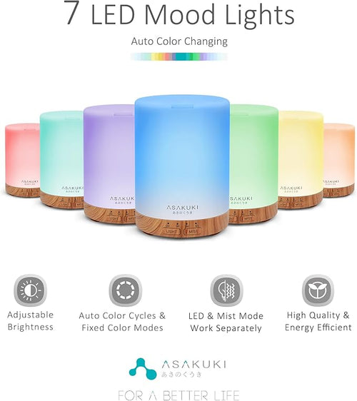ASAKUKI Essential Oil Diffuser for Home, 300 ml Humidifier with Automatic Shut-Off, Quiet Aromatherapy Diffuser with 7 LED Lights for Living Room, Kitchen, Bedroom, Hotel - Light Brown