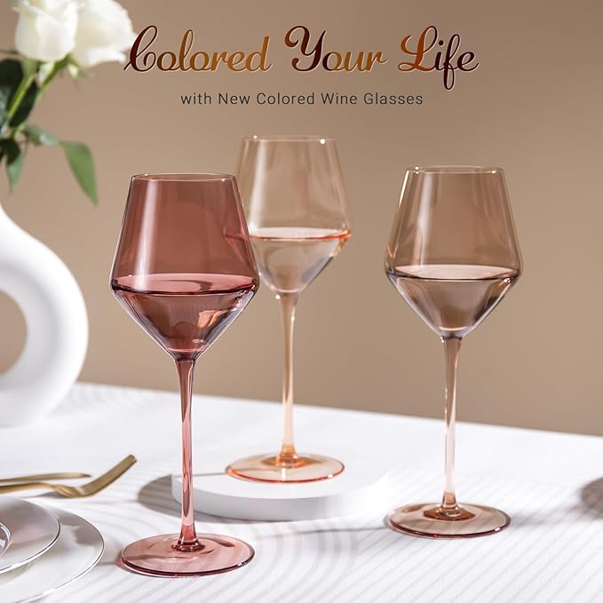 Colored Wine Glasses Set of 6-16OZ Colorful Wine Glass with Stem【HandBlown】 Muted Wine Glasses Colored Set,Wine Gifts for Party,Home Deco
