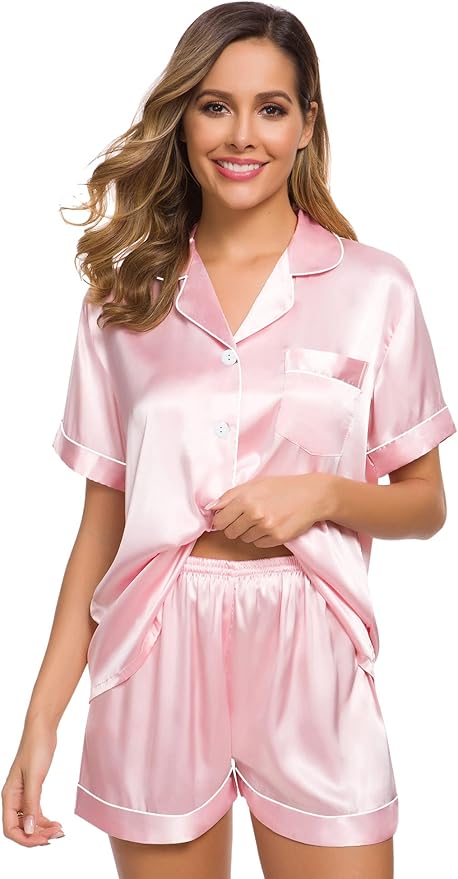 SWOMOG Womens Silk Satin Pajamas Set Short Sleeve Sleepwear Button Down Top and Shorts Loungewear 2 Piece Pjs Set XS-3XL