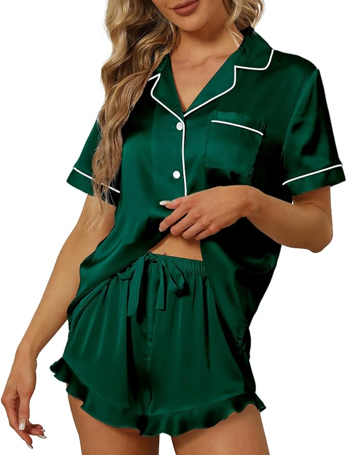 SAPJON Satin Silk Pajamas for Women 2Pcs Ruffle Notch Collar Sleepwear Button Down Short Sleeve Shorts Pjs Set Loungewear