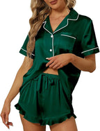 SAPJON Satin Silk Pajamas for Women 2Pcs Ruffle Notch Collar Sleepwear Button Down Short Sleeve Shorts Pjs Set Loungewear