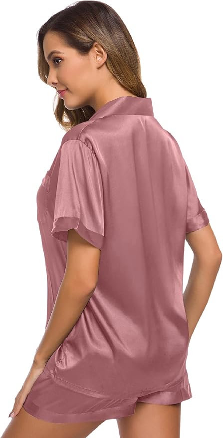 SWOMOG Womens Silk Satin Pajamas Set Short Sleeve Sleepwear Button Down Top and Shorts Loungewear 2 Piece Pjs Set XS-3XL