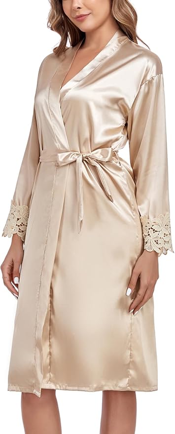 BestWendding Women's Silk Robe Set 2 Pieces Pajamas Sets Sexy Soft Satin Robe with V Neck Camisole Lingerie Nightgown