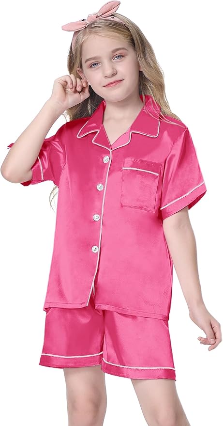 Girls & Womens Satin Pajamas Set, Silk Button-Down Sleepwear 2 Piece Nightwear, 3 Years - Women XXL