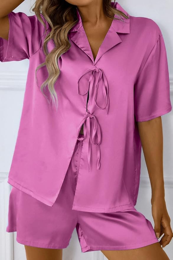 CHYRII Women's Silk Satin Pajamas Sets Tie Front Short Sleeve Tops and Shorts Two Piece Pj Sets Sleepwear
