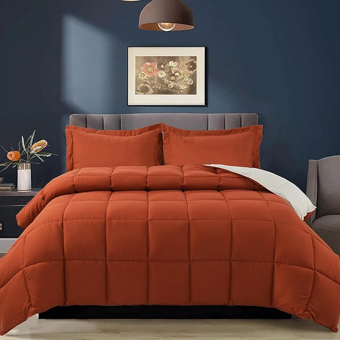 HIG 3pc Burnt Orange Queen Size Comforter Set - All Season Reversible Down Alternative Comforter with Sham - Quilted Duvet Insert with Corner Tabs - Box Stitched - Breathable, Soft, Fluffy