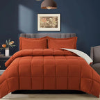 HIG 3pc Burnt Orange Queen Size Comforter Set - All Season Reversible Down Alternative Comforter with Sham - Quilted Duvet Insert with Corner Tabs - Box Stitched - Breathable, Soft, Fluffy