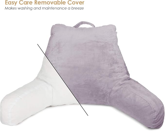 Clara Clark Reading Pillow for Kids & Teens with Shredded Memory Foam, Backrest Pillows for Reading, Watching, and Gaming, Use on Couch, Bed, or Floor, Adjustable Support, Washable Cover Grey Lavender