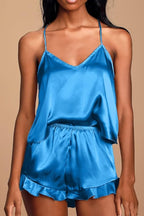 CHYRII Women's Sexy Silk Satin Ruffled Pajamas Sets Cami Shorts Sets Sleepwear