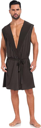 VintageClothing Men's Summer Robe with Hooded Lightweight Bathrobe House Kimono Sleeveless Sexy Sleepwear Pajamas