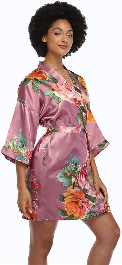MissNina Women's Floral Satin Kimono Robes Short Silky Bridesmaid Robes Sleepwear