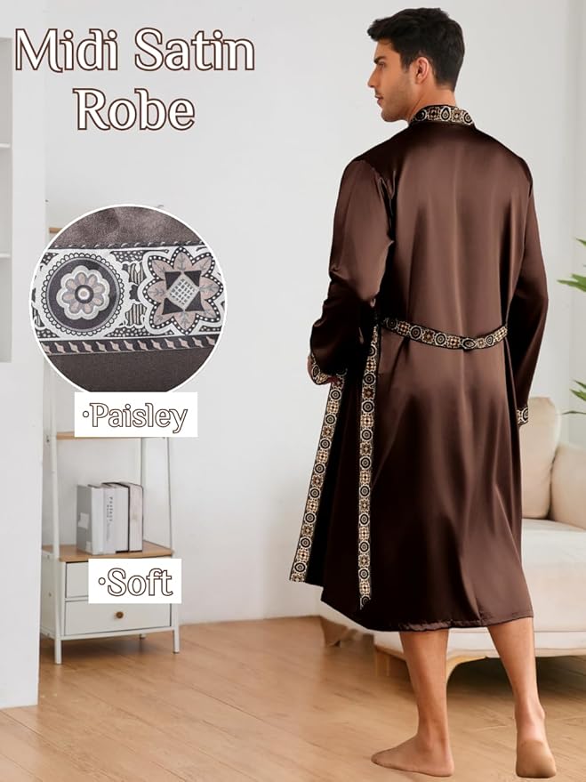 ChiaoLezhee Mens Satin Bath Robe with Shorts Set, Silk Paisley Kimono Lightweight, Soft Long Sleeve Sleepwear