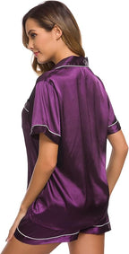 SWOMOG Womens Silk Satin Pajamas Set Short Sleeve Sleepwear Button Down Top and Shorts Loungewear 2 Piece Pjs Set XS-3XL