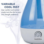 HealthWise Cool Mist Ultrasonic Humidifier | For Medium Size Rooms | No Filter Required | 24 Hour Run Time, Blue, 2.6L