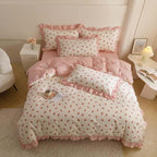 Nayoroom Ruffle Duvet Cover Full Size Pink Strawberry Printed on White Ruffled Bedding Set 3Pcs Reversible Kids Girls Cute Kawaii Coquette Comforter Cover Soft Lightweight Microfiber