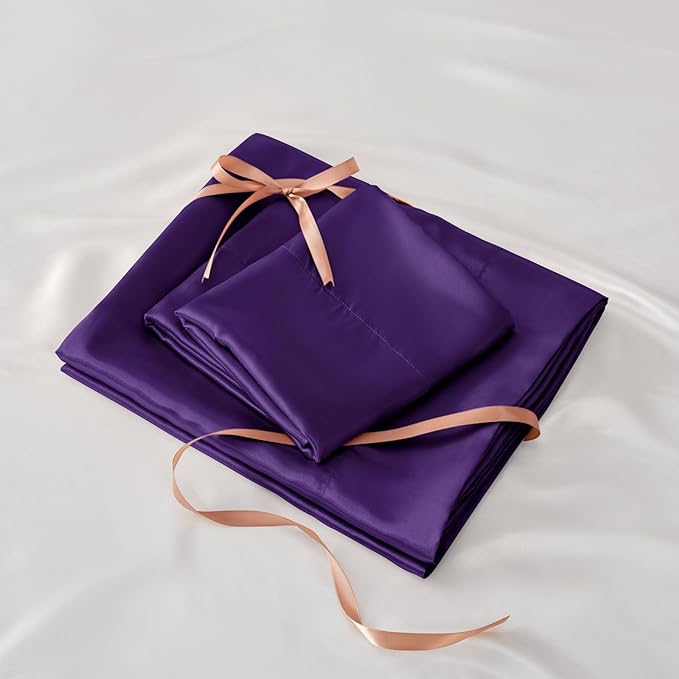 BEDELITE Satin Sheets Twin XL Size Bed Set, Luxury Soft Plum Purple Sheets for Hair and Skin, Similar to Silk Bed Sheets Set 3 Pieces with 1 Deep Pocket Fitted Sheet, 1 Flat Sheet, and 1 Pillowcase