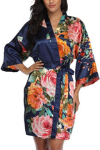 Floral Silk Robes for Women Kimono Satin Short Bath Robe Bridal Dressing Gown Bride Bridesmaids Lightweight Bathrobes